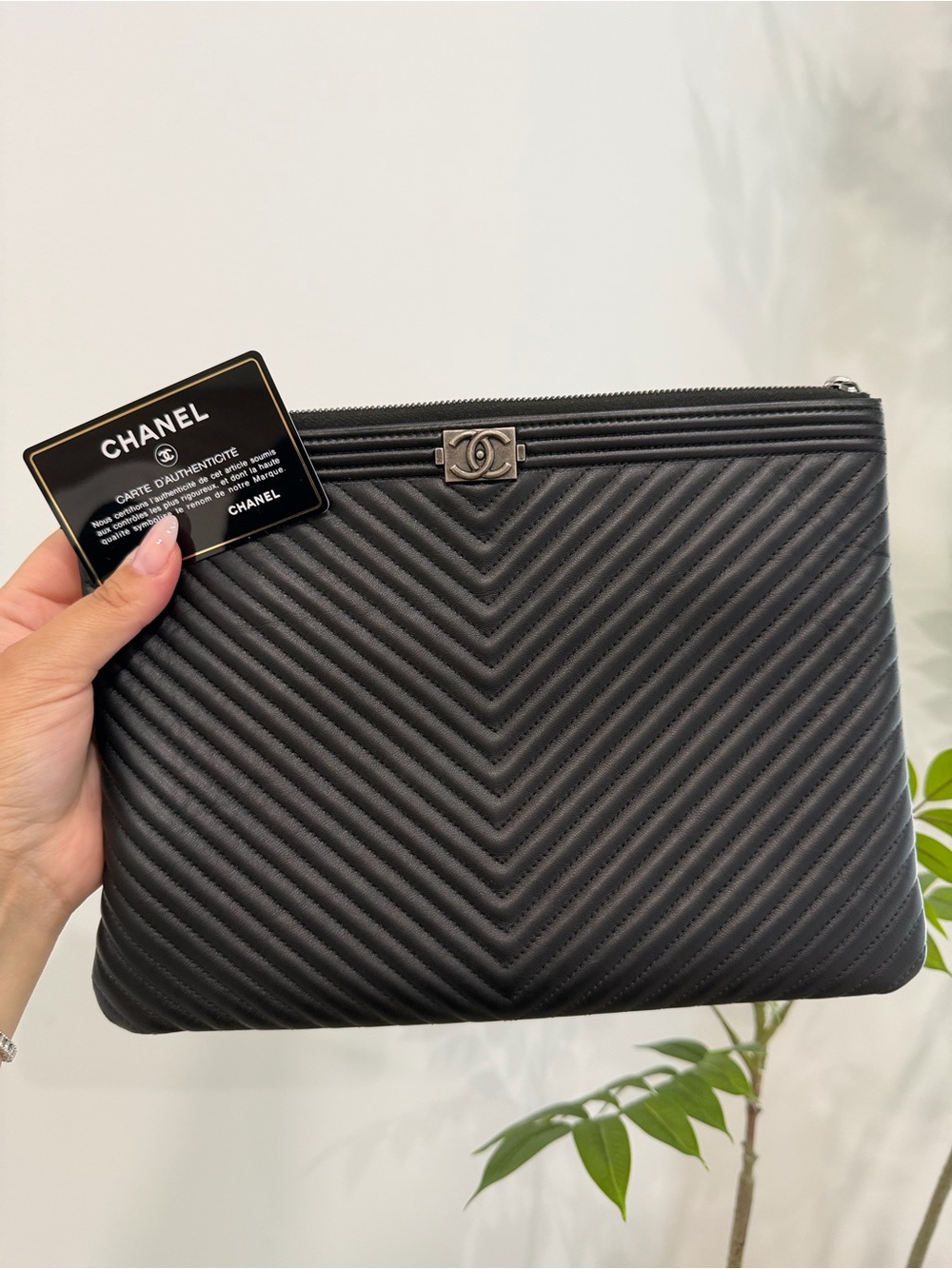 CHANEL Black Boy Chevron Quilted Zip Pouch/Clutch with Metal CC